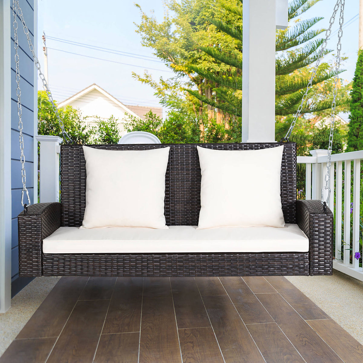 Costway 2-Person Patio Rattan Hanging Porch Swing Bench Chair Black Cushion